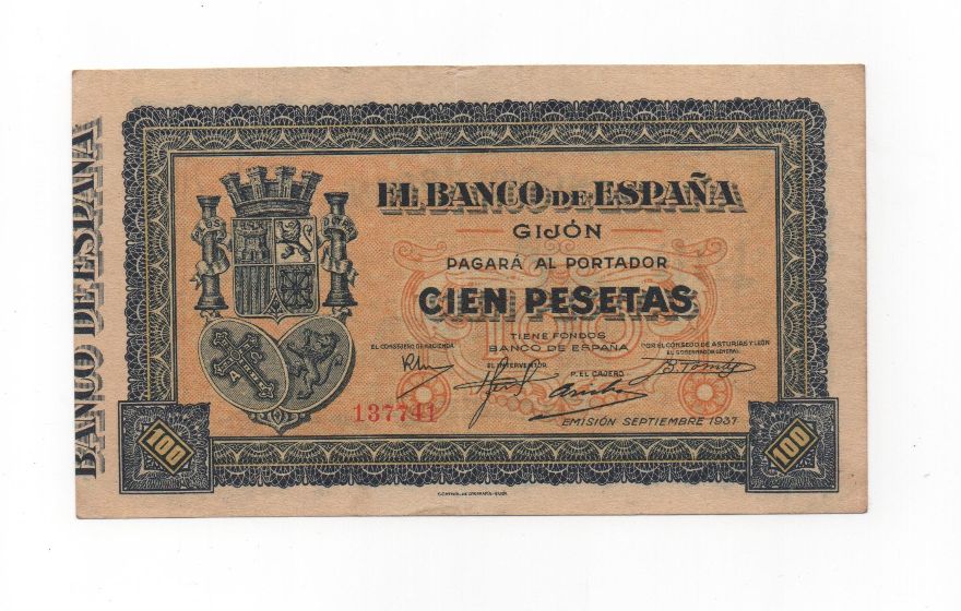 ESPAÑA BILLETE LOCAL REPUBLICANO DEL AÑO 1937 DE 100 PESETAS. GIJON